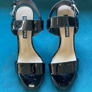 Karl Lagerfeld Black Patent Block Heel Sandals with Ankle Strap